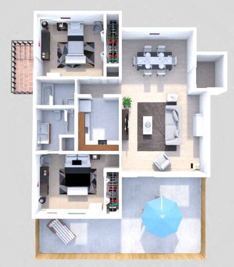 Floor plan for 2 beds, 1.5 baths, 1225 sqft